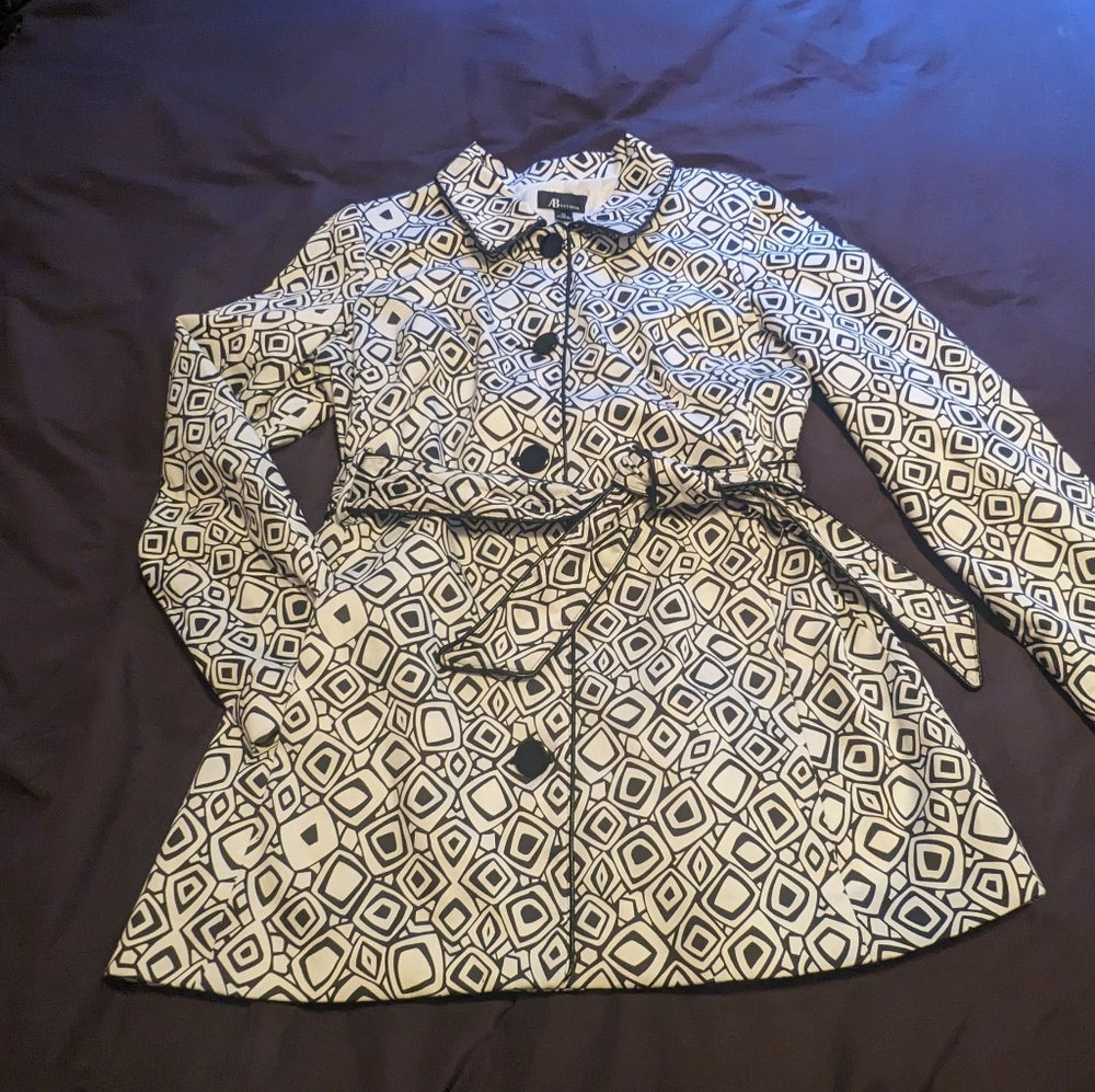 SOLD: Cotton Trench Coat with Pockets by AB Studio. Black White Abstact Pattern